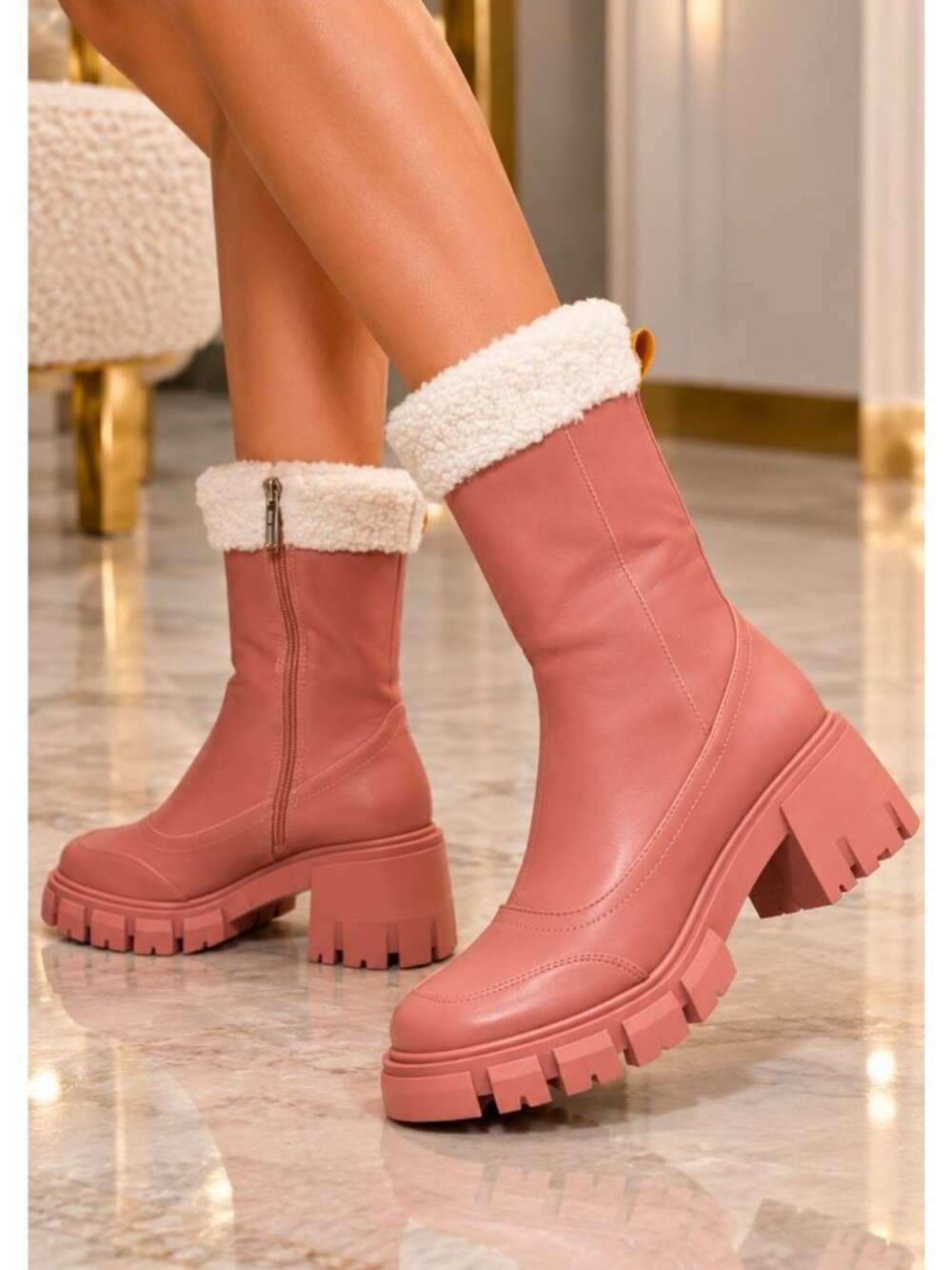 Chunky Sole Faux Leather Mid-Calf Boots With Faux Fur Cuffs & Side Zipper In Blu